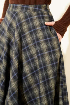 Ekose Desen Cepli Kaşe Etek Haki Lacivert - Günün Seçilenleri