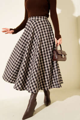 Ekose Desen Cepli Kaşe Etek Kahve - CALİENTE