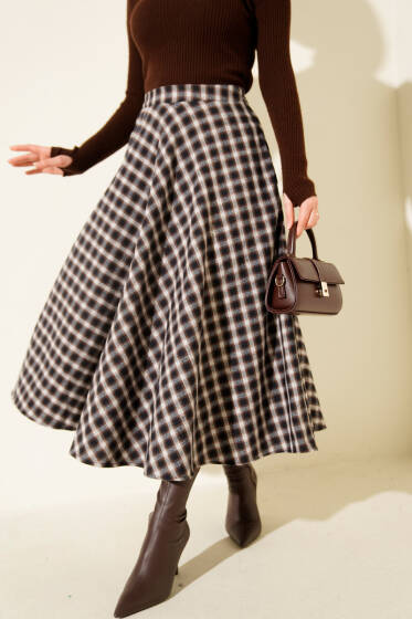 Ekose Desen Cepli Kaşe Etek Kahve - Etek