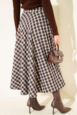 Ekose Desen Cepli Kaşe Etek Kahve - Etek