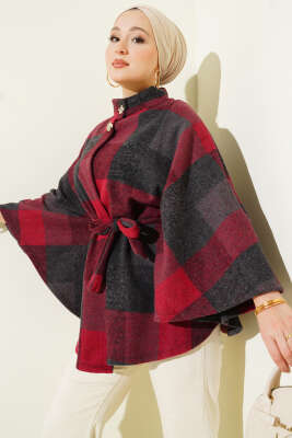 Ekose Desen Düğmeli Kaşe Panço Bordo - NESSİA