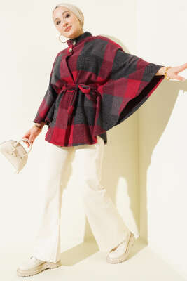 Ekose Desen Düğmeli Kaşe Panço Bordo - Panço