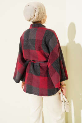 Ekose Desen Düğmeli Kaşe Panço Bordo - Panço