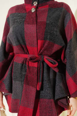 Ekose Desen Düğmeli Kaşe Panço Bordo - Panço