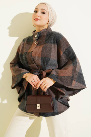 Ekose Desen Düğmeli Kaşe Panço Kahve - Panço