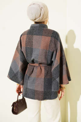 Ekose Desen Düğmeli Kaşe Panço Kahve - Panço