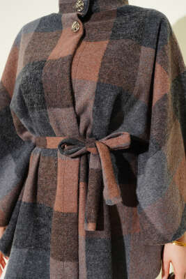 Ekose Desen Düğmeli Kaşe Panço Kahve - Panço