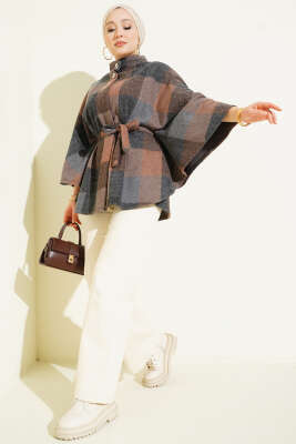 Ekose Desen Düğmeli Kaşe Panço Kahve - Panço