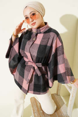 Ekose Desen Düğmeli Kaşe Panço Pudra - NESSİA