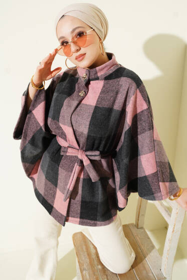 Ekose Desen Düğmeli Kaşe Panço Pudra - Panço