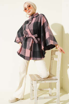 Ekose Desen Düğmeli Kaşe Panço Pudra - Panço