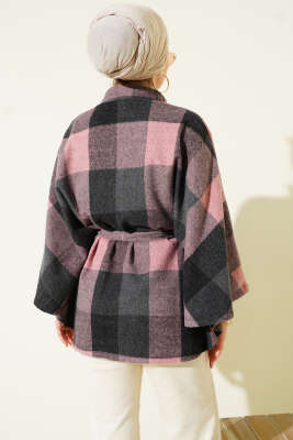 Ekose Desen Düğmeli Kaşe Panço Pudra - Panço