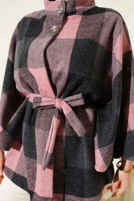 Ekose Desen Düğmeli Kaşe Panço Pudra - Panço