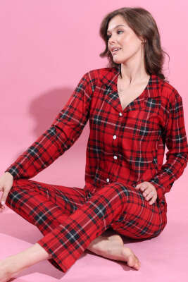 Ekose Desen Düğmeli Süet Pijama Takımı Kırmızı Siyah - Pijama
