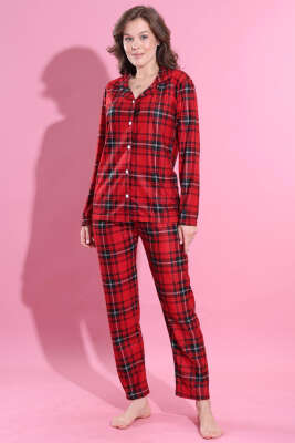 Ekose Desen Düğmeli Süet Pijama Takımı Kırmızı Siyah - Pijama