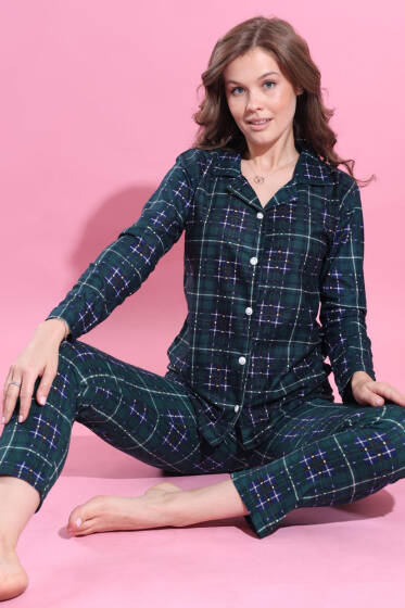 Ekose Desen Düğmeli Süet Pijama Takımı Zümrüt - Pijama
