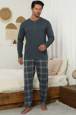 Ekose Desen İnterlok Erkek Pijama Takımı Füme 