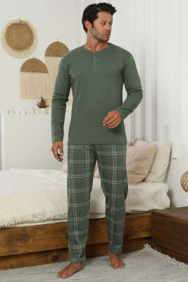 Ekose Desen İnterlok Erkek Pijama Takımı Haki - Pijama