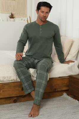 Ekose Desen İnterlok Erkek Pijama Takımı Haki - Pijama