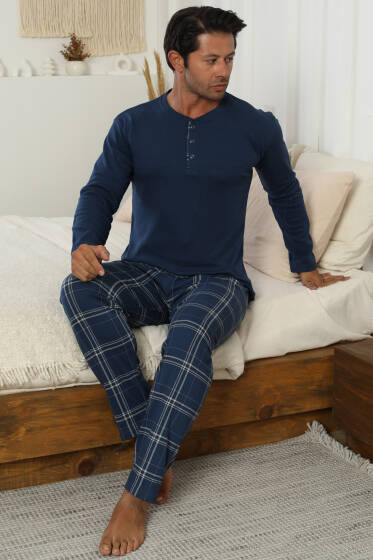 Ekose Desen İnterlok Erkek Pijama Takımı İndigo - Pijama