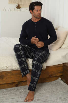 Ekose Desen İnterlok Erkek Pijama Takımı Lacivert 
