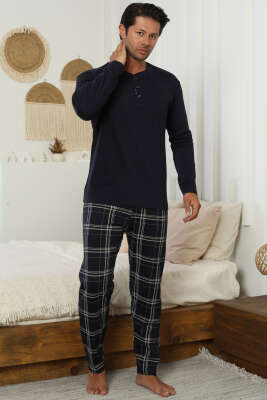 Ekose Desen İnterlok Erkek Pijama Takımı Lacivert - Pijama