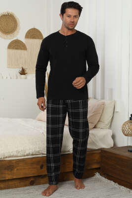 Ekose Desen İnterlok Erkek Pijama Takımı Siyah 