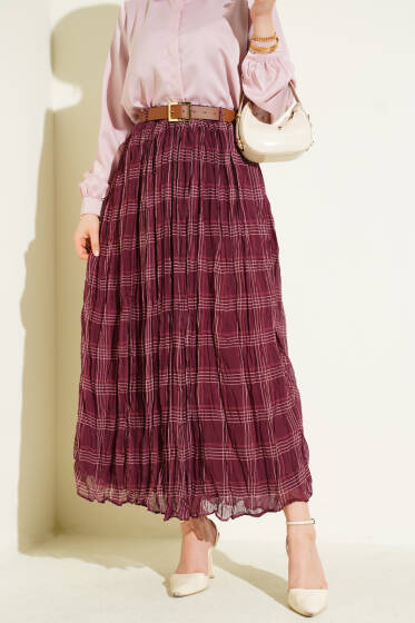 Ekose Desen Kırışık Şifon Etek Bordo - Etek