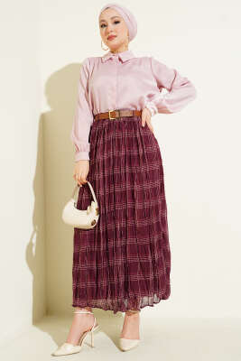 Ekose Desen Kırışık Şifon Etek Bordo - Etek