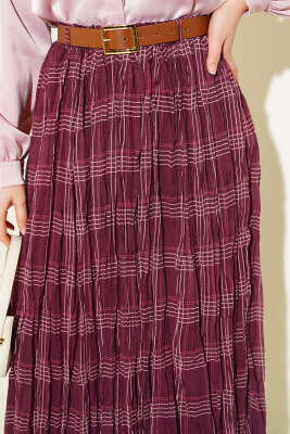 Ekose Desen Kırışık Şifon Etek Bordo - Etek