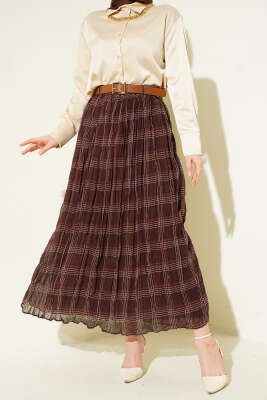 Ekose Desen Kırışık Şifon Etek Kahve - BERAT TEKSTİL