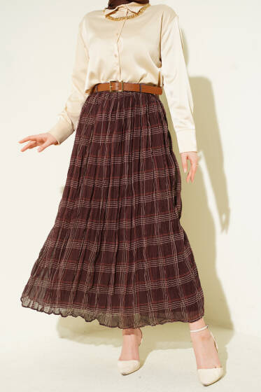 Ekose Desen Kırışık Şifon Etek Kahve - Etek