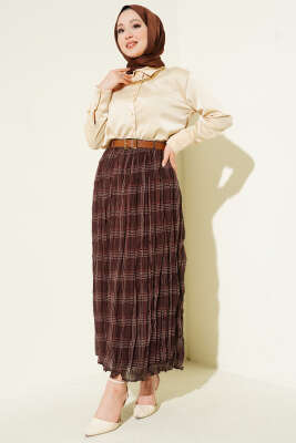 Ekose Desen Kırışık Şifon Etek Kahve - Etek