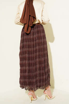 Ekose Desen Kırışık Şifon Etek Kahve - Etek