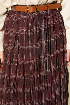 Ekose Desen Kırışık Şifon Etek Kahve - Etek