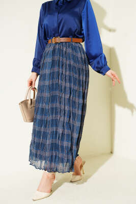 Ekose Desen Kırışık Şifon Etek Lacivert - BERAT TEKSTİL