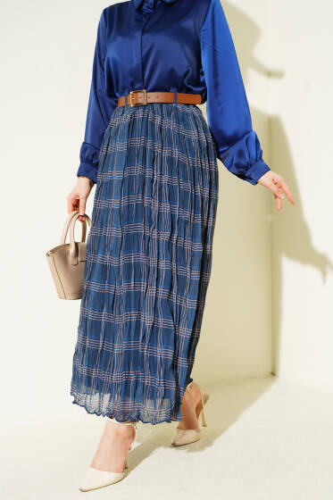 Ekose Desen Kırışık Şifon Etek Lacivert - Etek