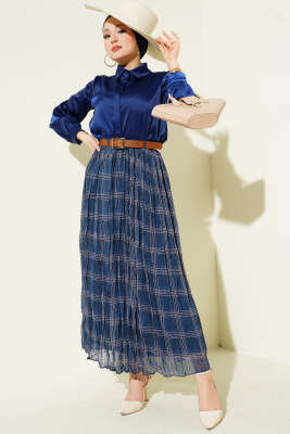 Ekose Desen Kırışık Şifon Etek Lacivert - Etek