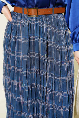 Ekose Desen Kırışık Şifon Etek Lacivert - Etek