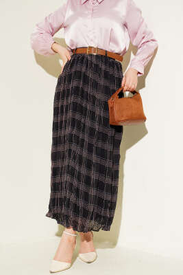 Ekose Desen Kırışık Şifon Etek Siyah - BERAT TEKSTİL