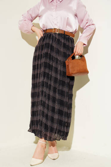 Ekose Desen Kırışık Şifon Etek Siyah - Etek