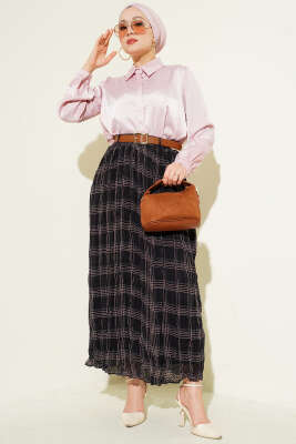 Ekose Desen Kırışık Şifon Etek Siyah - Etek