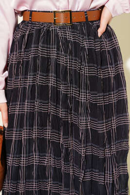 Ekose Desen Kırışık Şifon Etek Siyah - Etek