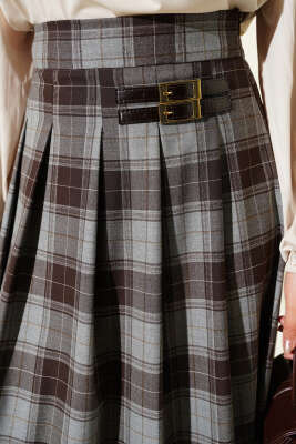 Ekose Desen Pileli Kloş Etek Gri - Etek