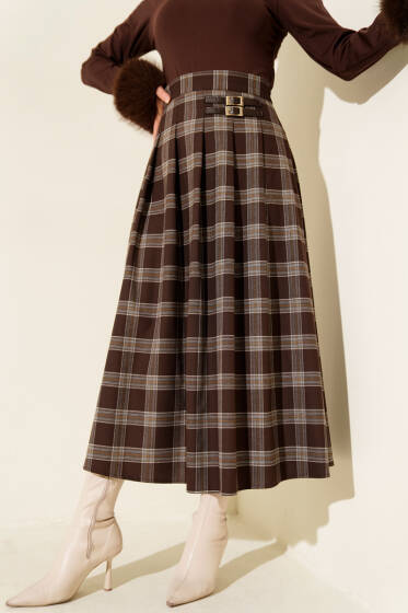 Ekose Desen Pileli Kloş Etek Kahve - Etek