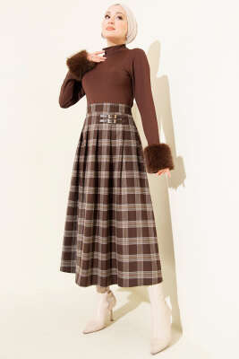 Ekose Desen Pileli Kloş Etek Kahve - Etek