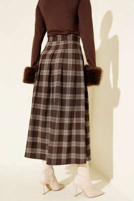 Ekose Desen Pileli Kloş Etek Kahve - Etek