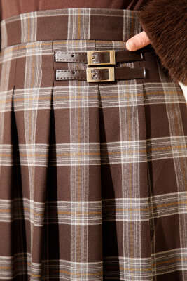 Ekose Desen Pileli Kloş Etek Kahve - Etek