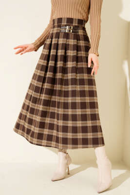 Ekose Desen Pileli Kloş Etek Tarçın - ESTELLE