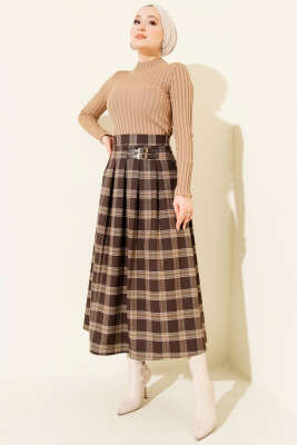 Ekose Desen Pileli Kloş Etek Tarçın - Etek